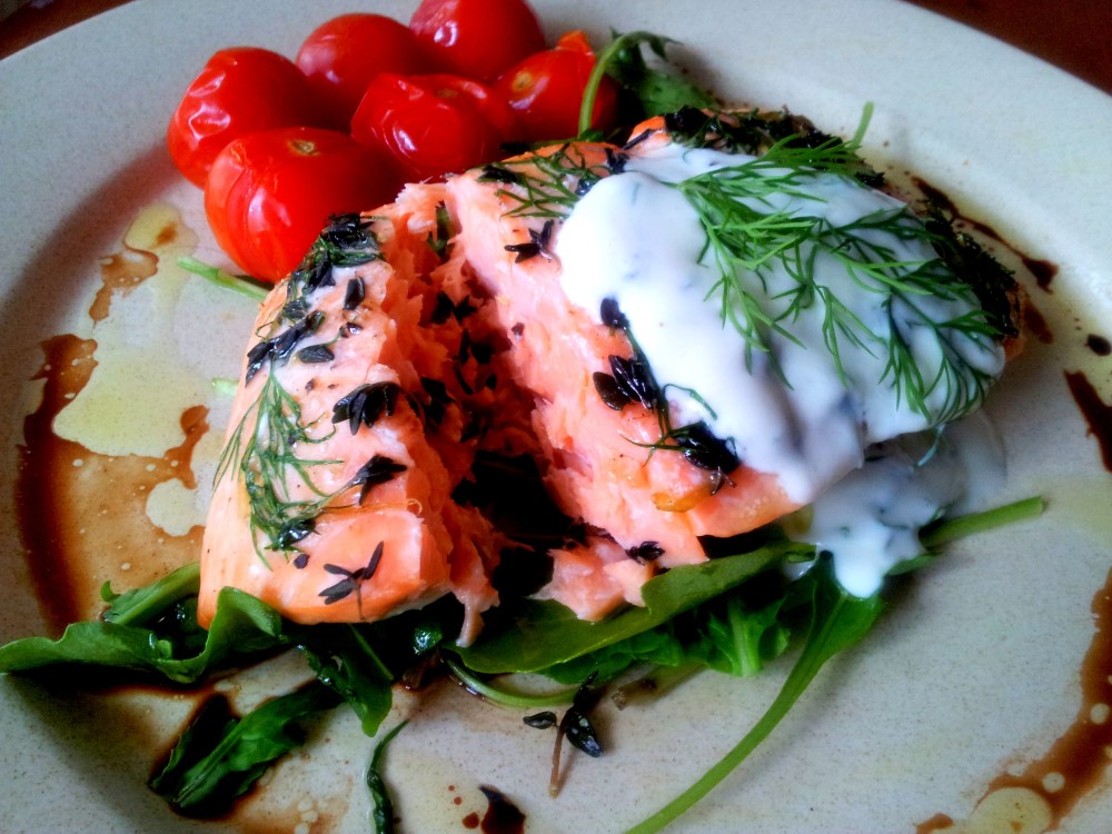 Perfectly cooked flesh, still very pink in the centre. Yes I know the salmon is already pink, but it does turn a shade lighter or two when overcooked.