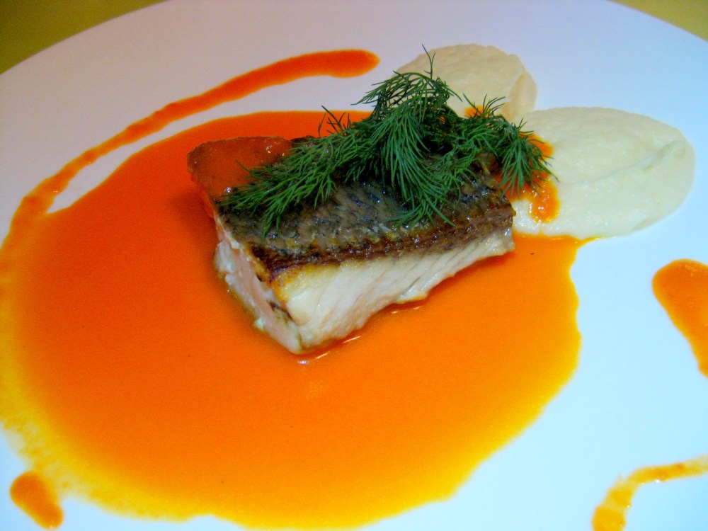 Sea Bass Fillet, Red Capsicum Coulis & Celeriac Puree
