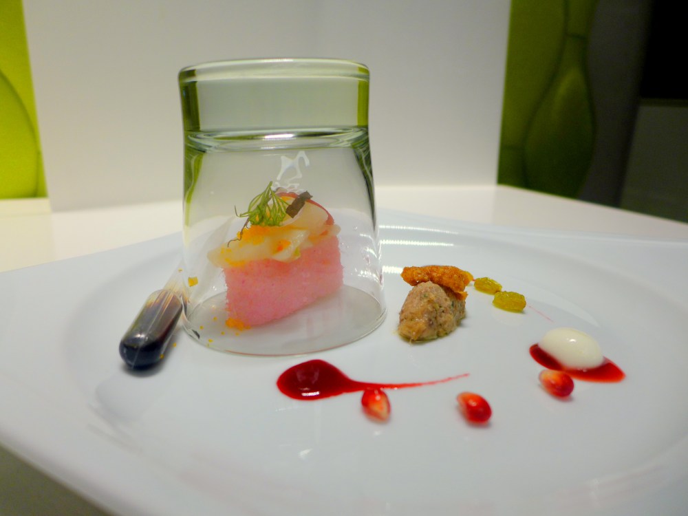 Smoked Scallop Umai Sushi, Duck Confit with Pomegranate and Yoghurt Sphere