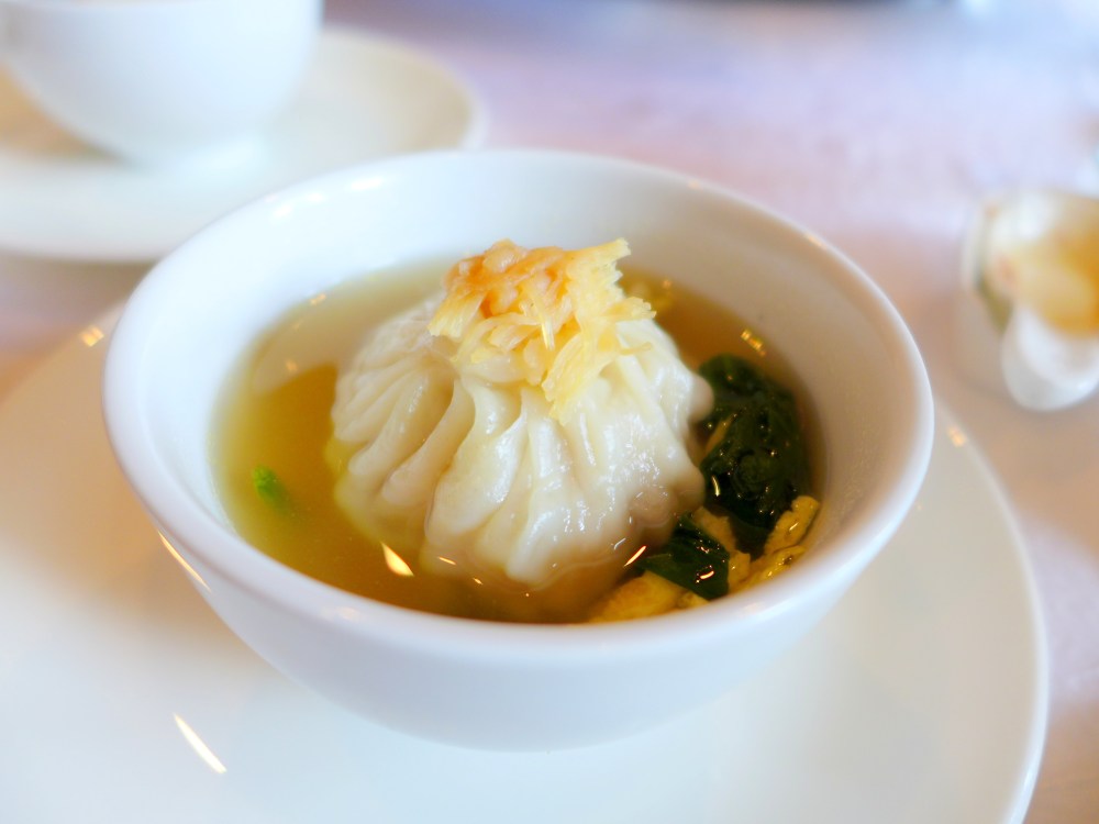 Shanghai Dumplinh with Egg Strips and Spinach in Chicken Broth