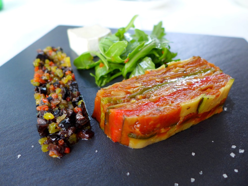 Vegetable terrine, Kalamata Olives, Goat Cheese.