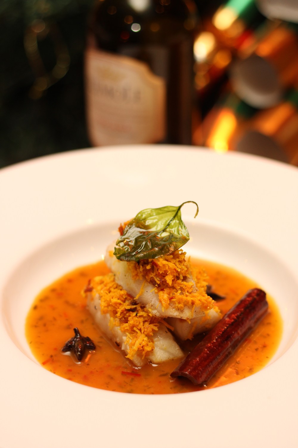 Pan Seared Cod with Crusted Coconut Chili and Citrus Cinnamon Reduction