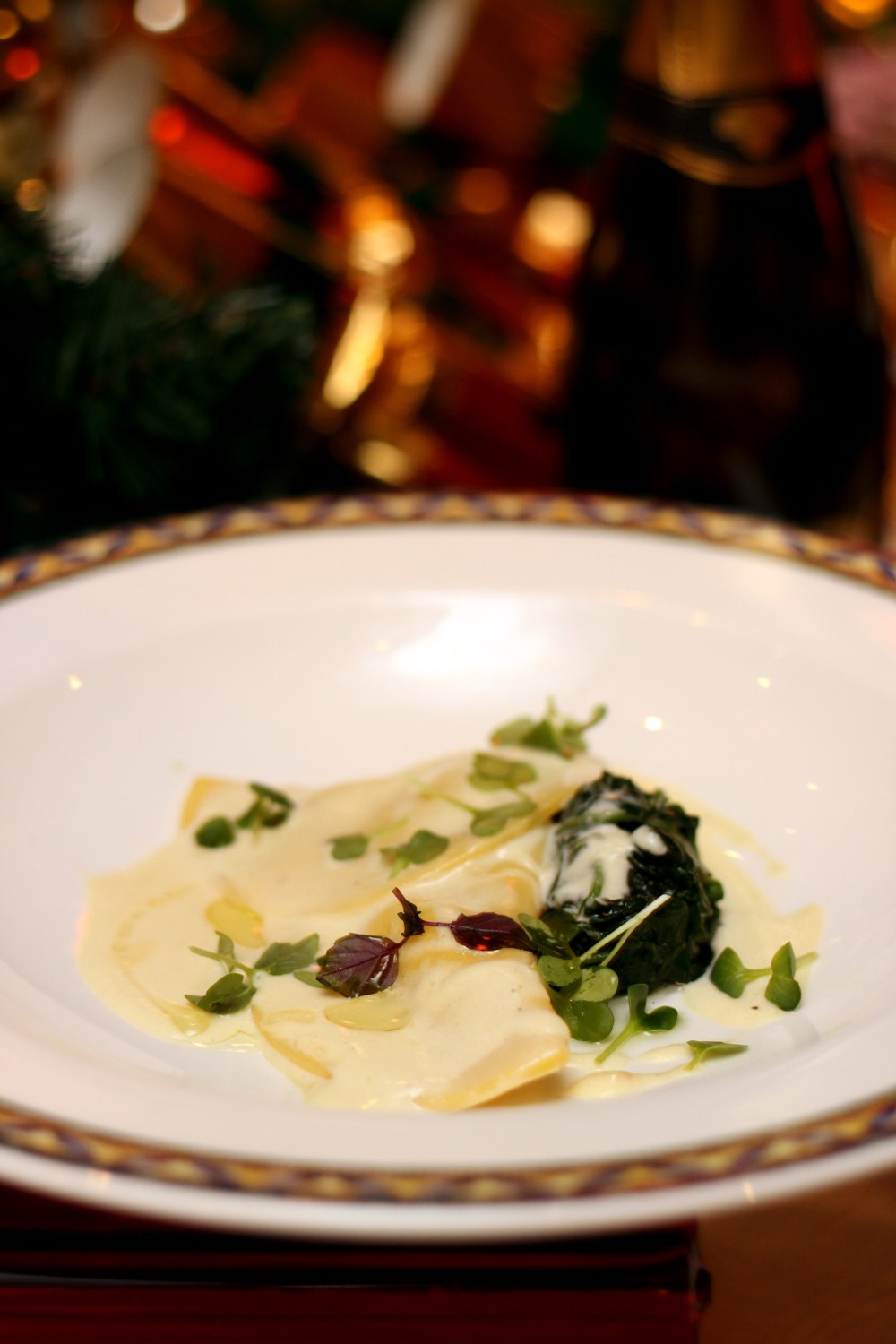 Potato and Fontina Cheese Ravioli with Sautéed Spinach and Parmesan Cream