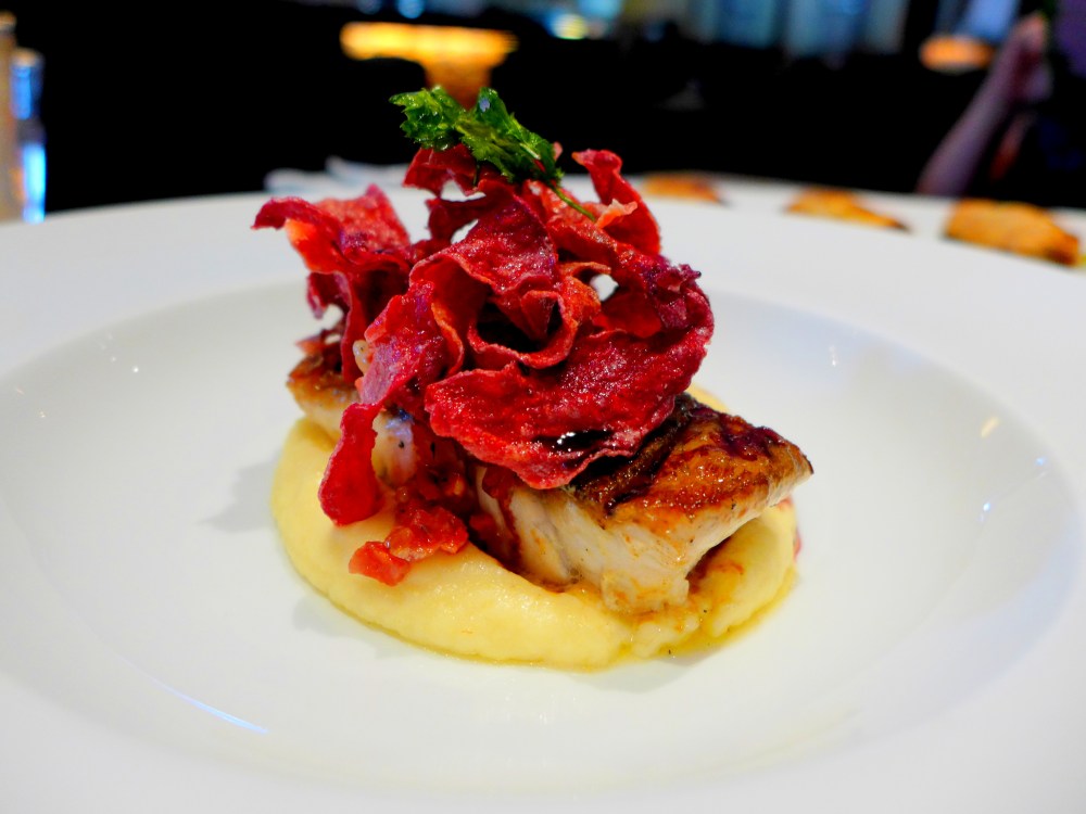 Market fish, parsnip puree, French sausage, beetroot chips