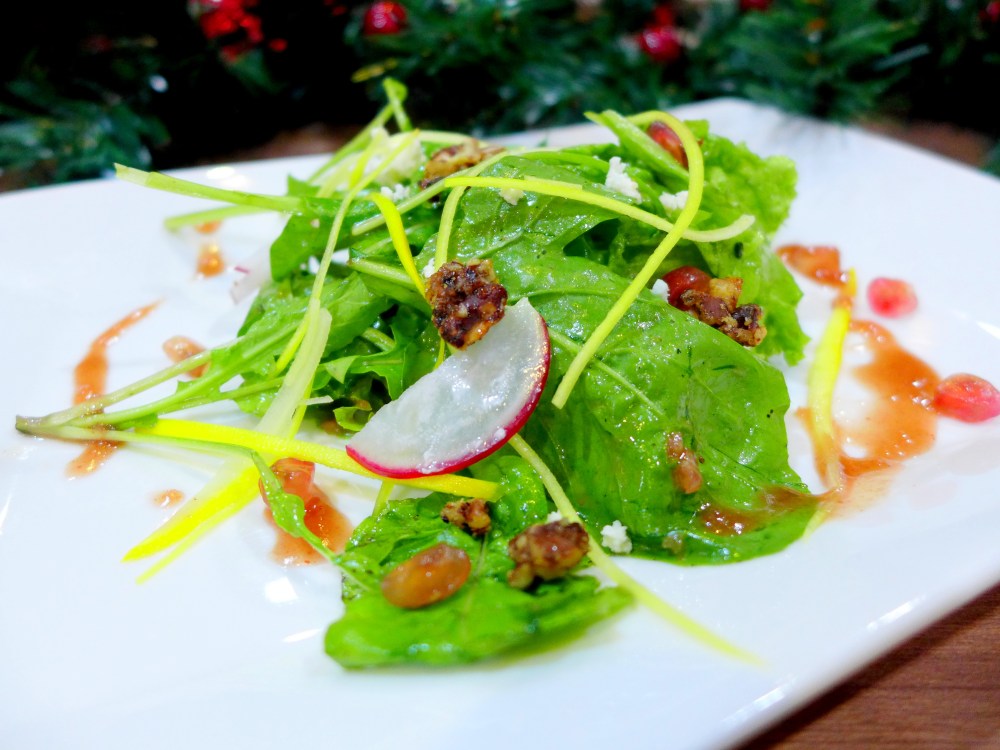  Pomegranate Salad Fresh salad leaves and yellow zucchini toss with tangy sweet pomegranate dressing, accompanied with feta cheese and honey roasted pecan nuts